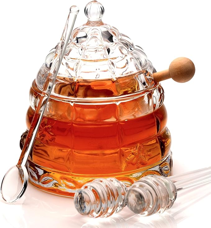 Elegant Glass "Crystal" Honey Jar with 2 Glass + 1 Wooden Dipper & 1 Clear Spoon | Beehive Design | 10 oz Container | Perfect for Sugar, Marmalade & Jam | Durable & Stylish Multipurpose Pot with Lid