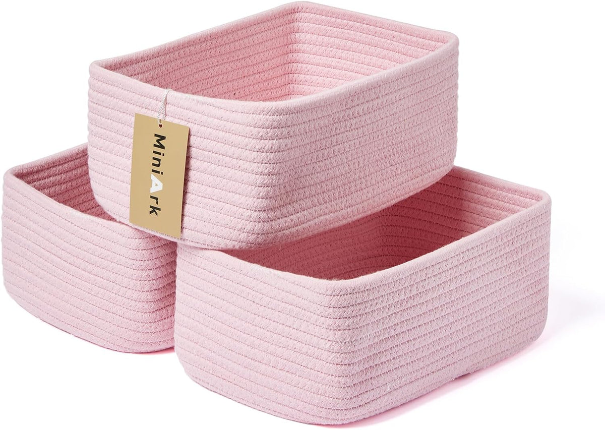Small Storage Baskets for Organizing | Closet Organizer Bins | Shelf Toy Basket | Woven Rope Baskets | Cube Decorative Box | Shallow Basket | 11.5x7.5x4.7” | 3 Packs Pink