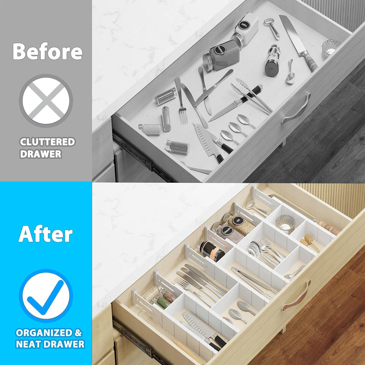 6 Pack Bamboo Drawer Dividers with 12 Inserts, Expandable Adjustable Clothes Drawer Organizers and Storage from 17" to 22" for Kitchen, Bedroom, Dresser, Cosmetics (White)
