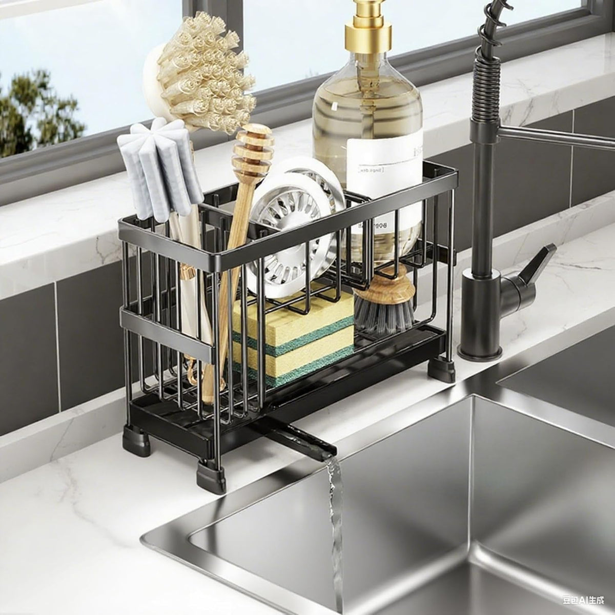 Sponge Holder for Kitchen Sink, 2 Tier Sink Caddy Organizer with Brush Holder, Non-Slip Stainless Steel Kitchen Countertop Organizers and Storage, Soap Dispenser Organize with 360°Drain Tray