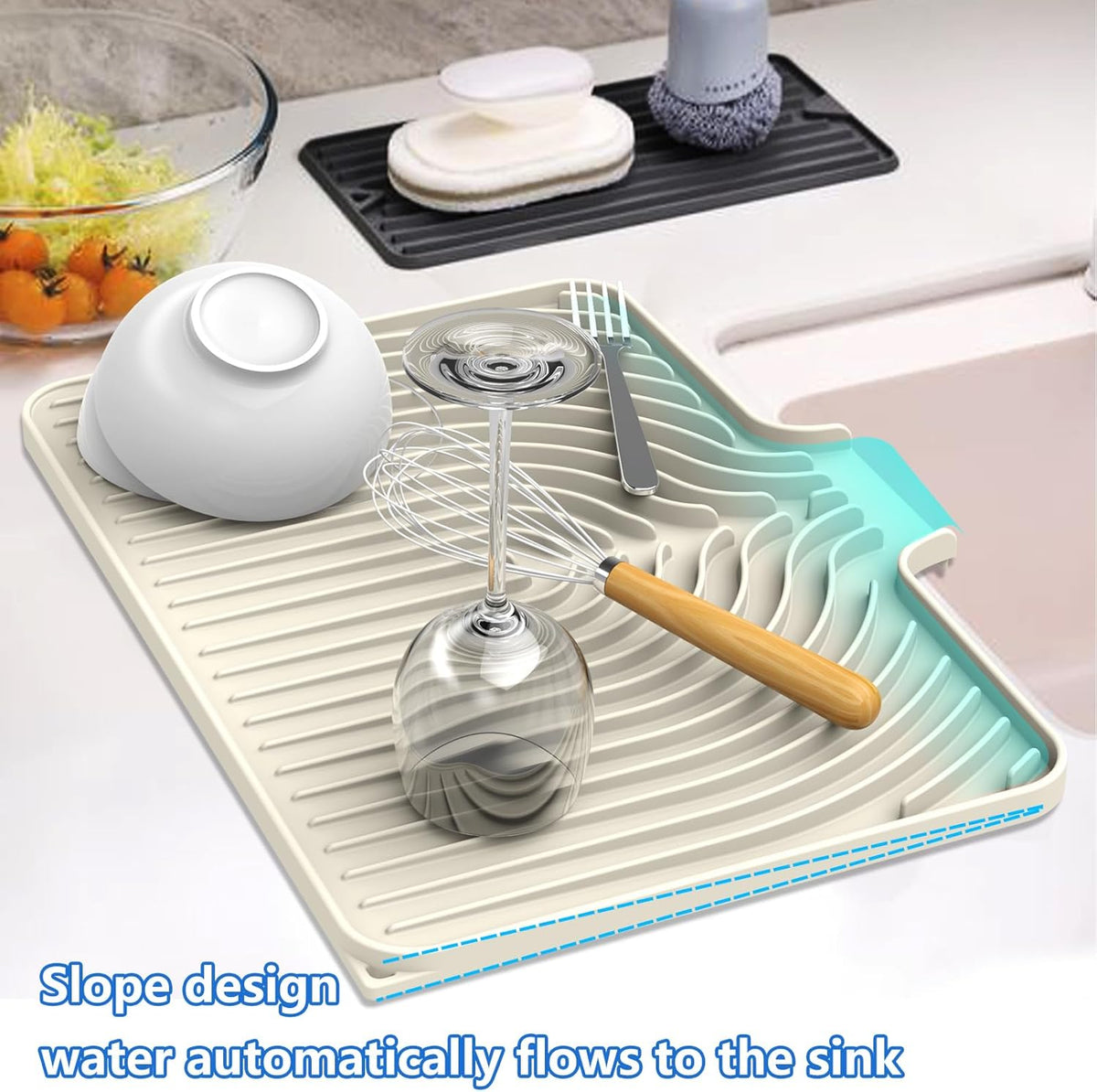 Dish Drying Matt for Kitchen Counter,18"×12"Silicone Dry Rack Mat with Built in Drain, Kitchen Dry Mats for Dishes Drying Pad for Counter(18"×12"Cream)