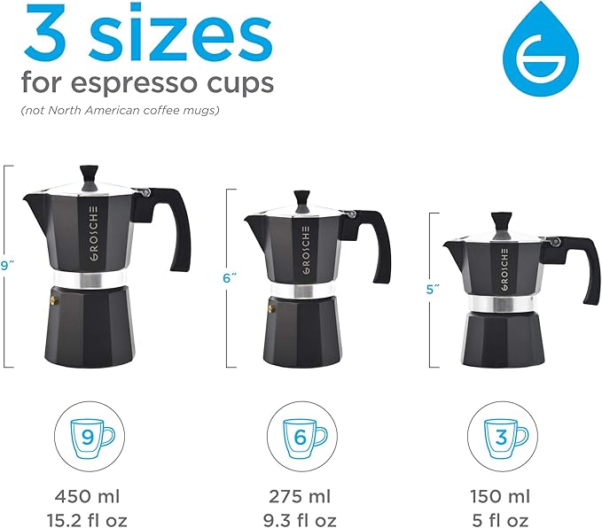 GROSCHE Milano Stovetop Espresso Maker Moka Pot Cuban Coffee Maker Stovetop Coffee Maker Moka Italian Greca Brewer Percolator | 6 Espresso Cup, Black