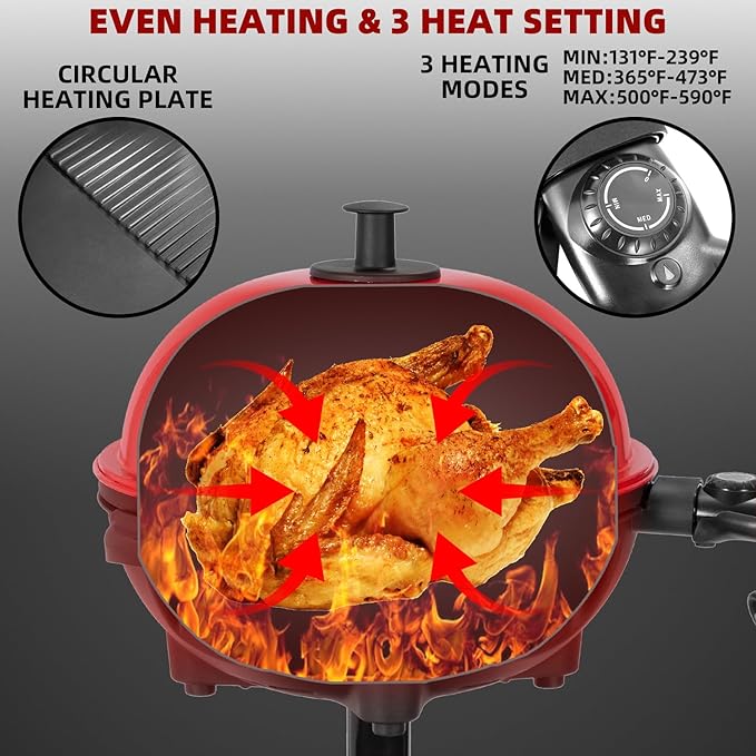 QPMR Electric Grill Outdoor/Indoor,Portable BBQ Grill with Nonstick Surface,200 Square Inches Indoor Electric Barburcue Grill with Adjustable Heat,Stand/Tabletop,for Patio/Yard/Home(Red)