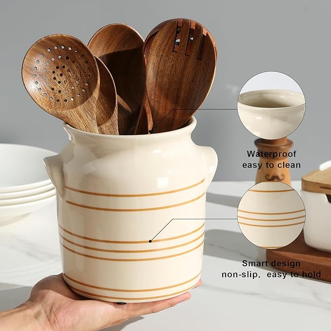Ceramic Farmhouse Kitchen Utensil Holder for Countertop, Rustic Cooking Utensil Holder Crock Fit for Kitchen Counter. 6*6.8*6.7 IN
