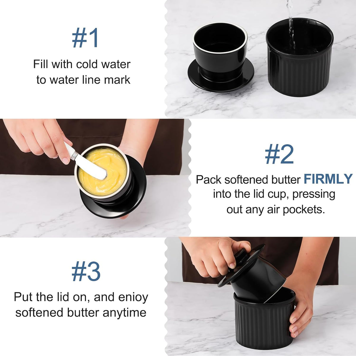 Large Butter Crock Bell for Counter with Water Line, Butter Keeper, Ceramic French Butter Dish Holder for Fresh Spreadable Soft Butter (Black, 8 Ounce)