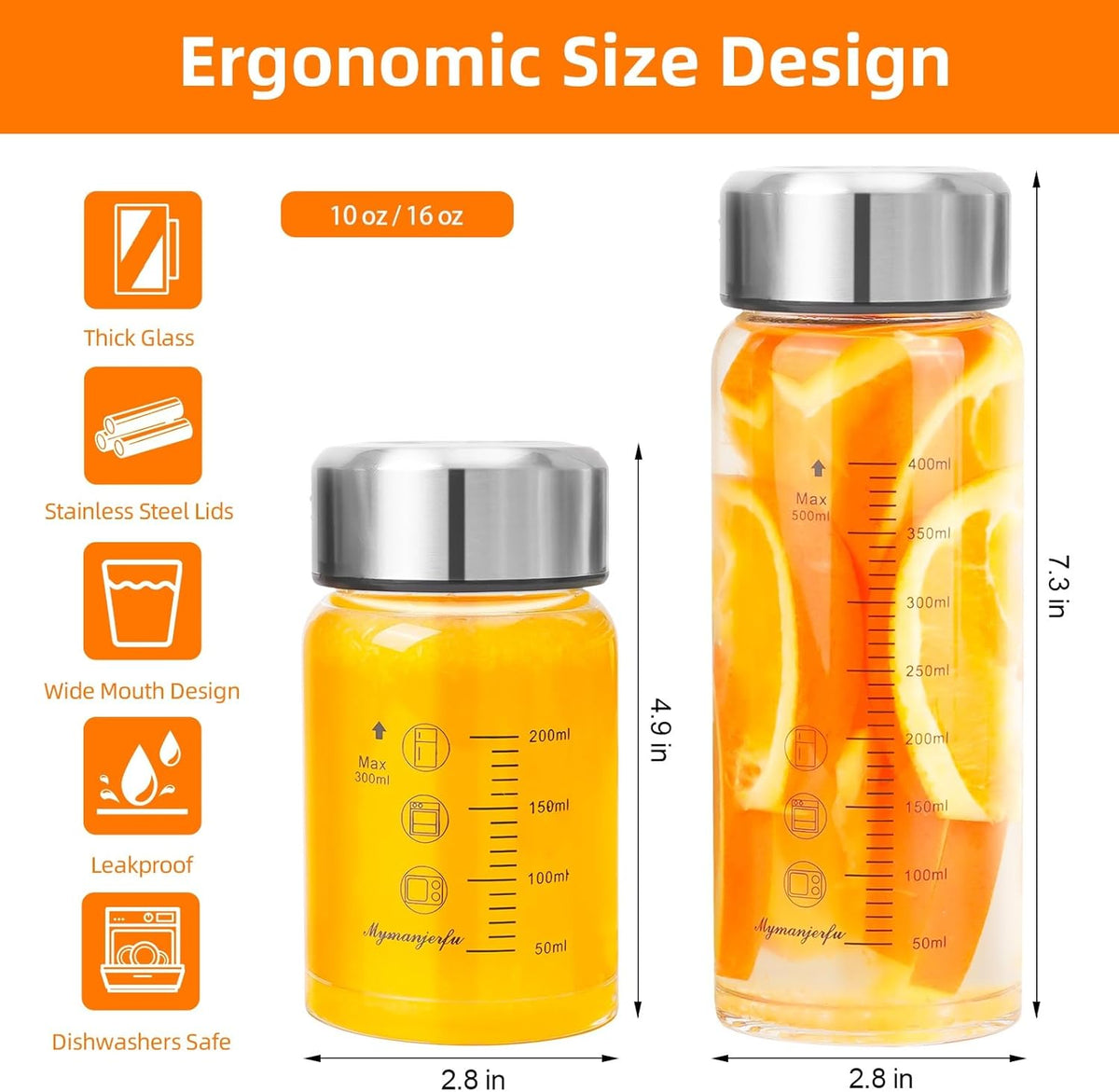 Glass Juice Bottles 6 Pack 16 oz - Wide Mouth Glass Water Bottles with Lids - for Juicing, Smoothies, Milk, Protein, BPA Free, Reusable, Stainless Steel Lids, Leak Proof, Shaker bottle (16oz/500ml)