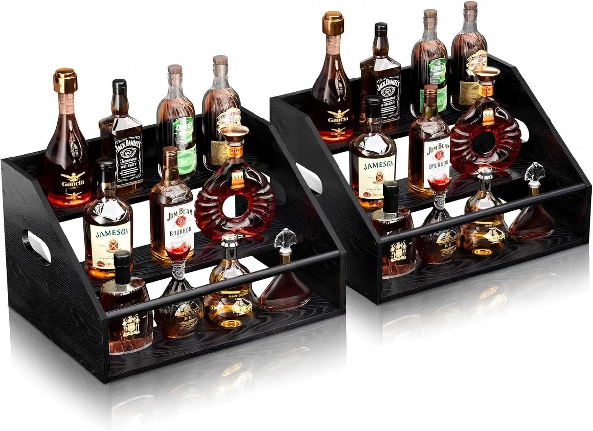 2Pack 3 Tier Wood Liquor Bottle Display Shelf, Coffee Syrup Organizer Rack, Wine Racks Countertop, Bar Shelf for Vodka Tequila Whiskey, Liquor Cabinet for Home Decor, Mini Bar, Black Bar Organizer