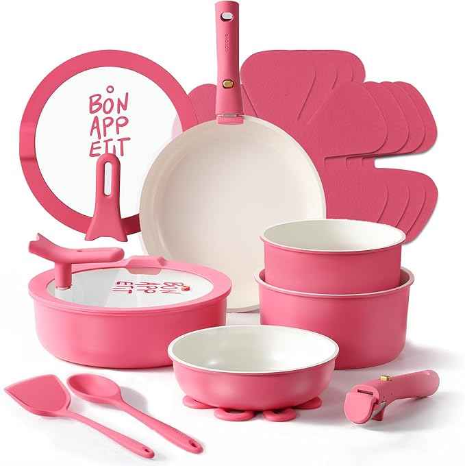 CAROTE 18Pcs Ceramic Cookware Set with Detachable Handle, Pots and Pans Set Non Stick, Non Toxic Kitchen Cooking Sets with Stand-Up Lid, PFAS and PFOA Free, Oven Safe, Induction Ready, Pink