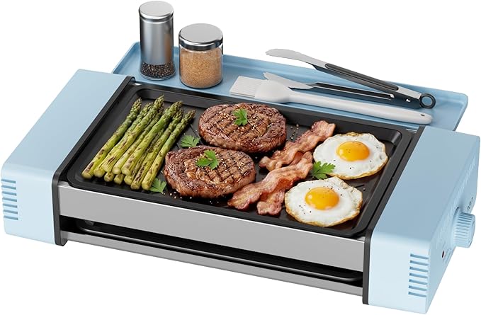 HBN Indoor Grill and Electric Griddle, 3-in-1 Smokeless Indoor Grill with Grill Rack & Nonstick Griddle & Sausage Grill Korean BBQ grill for Kitchen, Dishwasher Safe, 400F (Sky Blue)