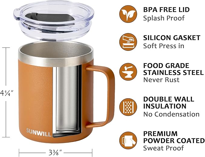SUNWILL Insulated Coffee Mug with Lid, Travel Tumbler with Handle, 14 oz Stainless Steel Cup for Camping, Office, Home, Powder Coated Caramel