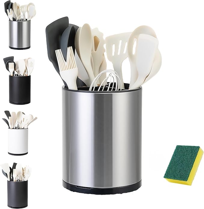 Utensil Holder,Large 360°Rotating Kitchen Utensil Holder For Counter,Cooking Silverware Organizer Stainless Steel Caddy Flatware Spoon Spatula Tool Cutlery Container