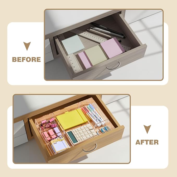 Briwooody Acrylic Drawer Organizer Clear Desk Drawer Organizer Trays with Adjustable Compartments Desk Accessories for Office Stationery Makeup Silverware Bathroom(Adjustable)