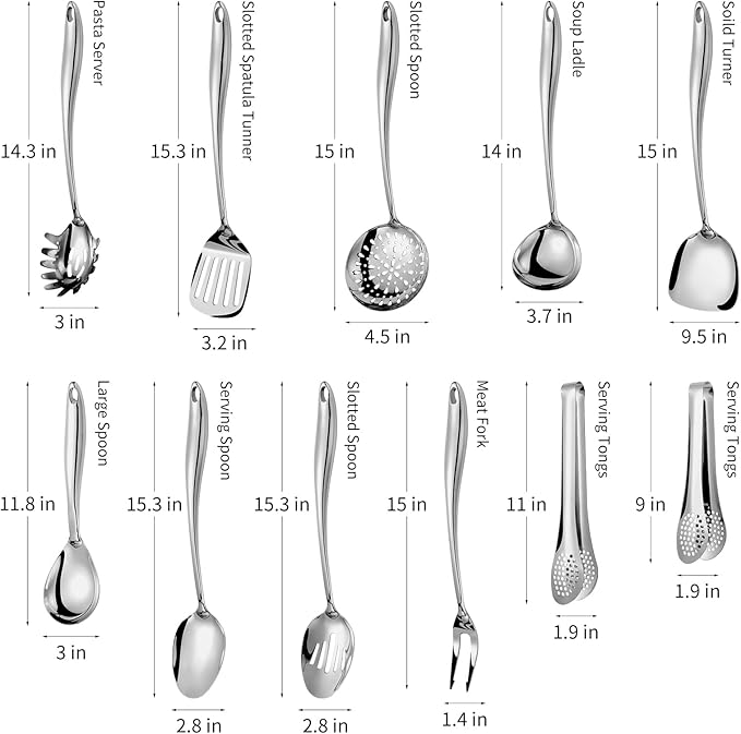 304 Stainlss Steel Kitchen Utensils Set, 11 Pcs Long Metal Cooking Utensil Gadgets Tools Set with Spatula, Spoon, Ladle, Skimmer, Turner, Pasta Server, Tongs(Mirror Polished, Dishwasher Safe)