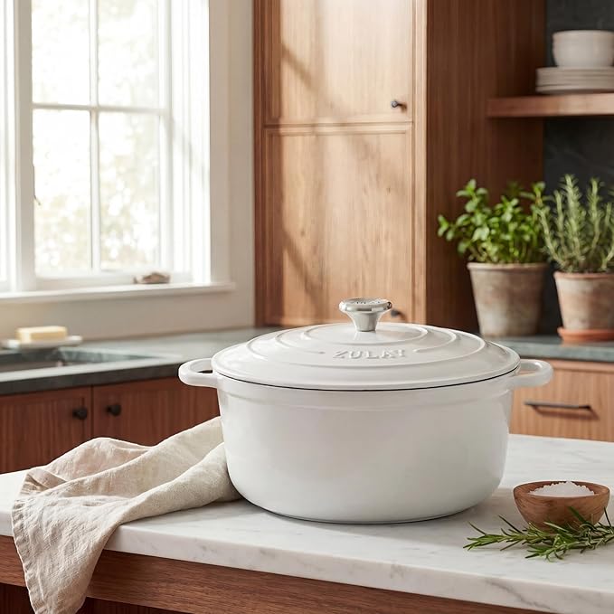 Zulay Kitchen 6 Quart Enameled Cast Iron Dutch Oven Pot with Lid – Premium Durability & Oven Safe up to 500°F – Heavy Duty Cookware Perfect for Bread Baking, Stews, Braising & Roasting - White