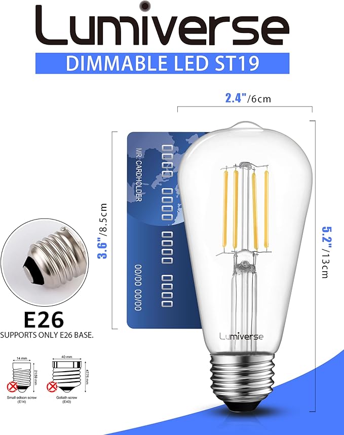 Lumiverse Edison Bulbs 60W Equivalent, Dimmable LED Light Bulbs, CRI 90+, Vintage E26 Lightbulbs, Natural White 4000K, ST19 ST58, 5.5W, Antique Clear Glass, 6 Pack