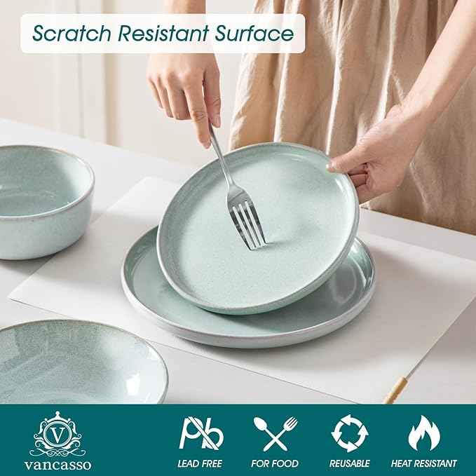 vancasso ANYA 24 Pieces Plates and Bowls Set, Mint Green Dinnerware Sets, Reactive Glaze Dishes Set for 6, Ceramic Dishware Sets Kitchen Dinner Set, Microwave & Dishwasher Safe