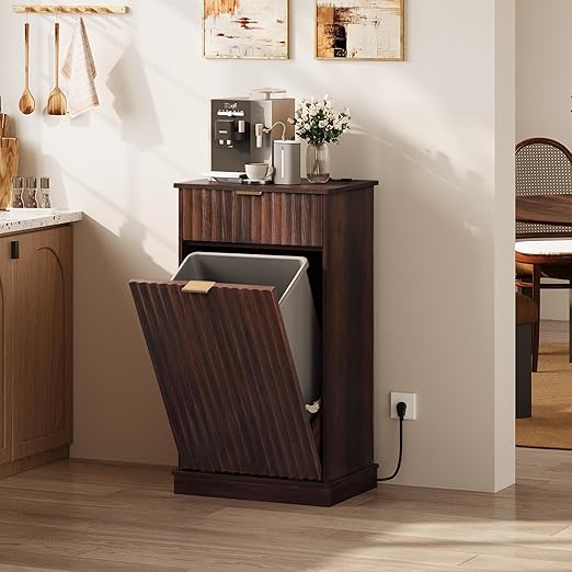 WLIVE 10 Gallon Tilt Out Trash Can Cabinet, Hidden Trash Can Cabinet with 2 AC+ USB Outlets, Storage Drawer, Food/Clothes Storage Pet Proof Kitchen Trash bin Cabinet for Home, Launday (Brown)