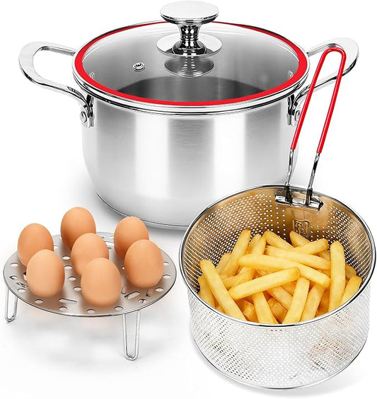 Deep Fryer Pot with Basket, 4.0L/4.2QT 304 Stainless Steel Standard Capacity Multi-function Cooking Pot with Strainer Basket, Anti-scald Handle, Egg Steamer Rack and Lid for Kitchen Camping