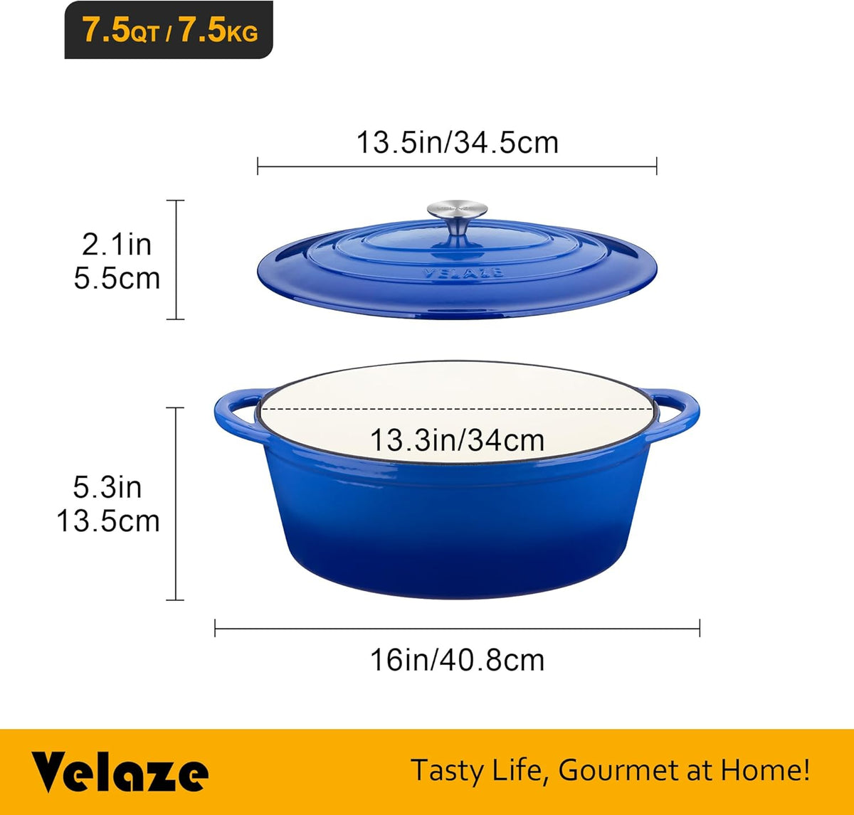 Velaze 7.5 QT Enameled Oval Dutch Oven Pot with Lid, Cast Iron Dutch Oven with Dual Handles for Bread Baking, Cooking, Frying, Non-stick Enamel Coated Cookware（Blue)