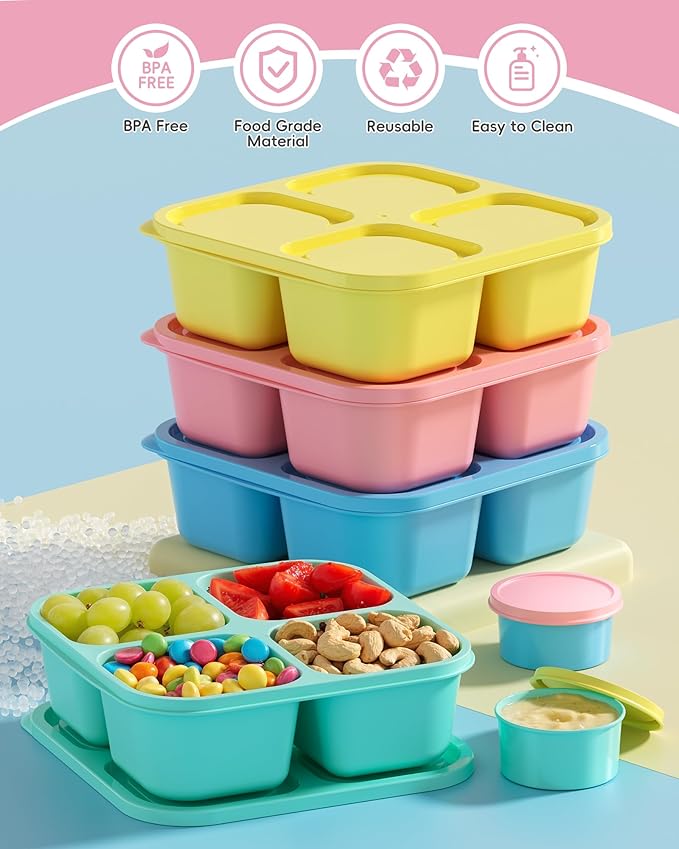 Canfanni 4 Pcs Snack Box Containers Set, Reusable 4 Compartment Lunchable Container with 2Pcs Sauce Containers, Stackable BPA-Free Bento Box for School, Work, Travel (4 Color)