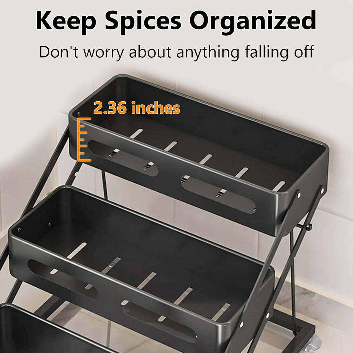 3 Tier Foldable Spice Rack for Countertop Iron Kitchen Seasoning Organizer for Cabinet, Black