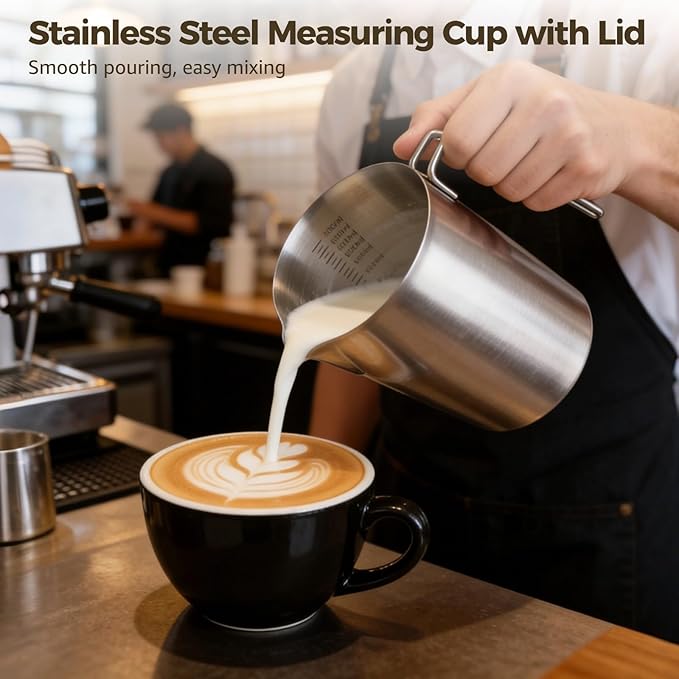 2 Pcs Stainless Steel Measuring Cup with Lids, 67.6 oz Wide Mouth 304 Kitchen Pitcher with Scale and Handle for Baking, Milk Frothing, Latte Art, Hot/cold Water