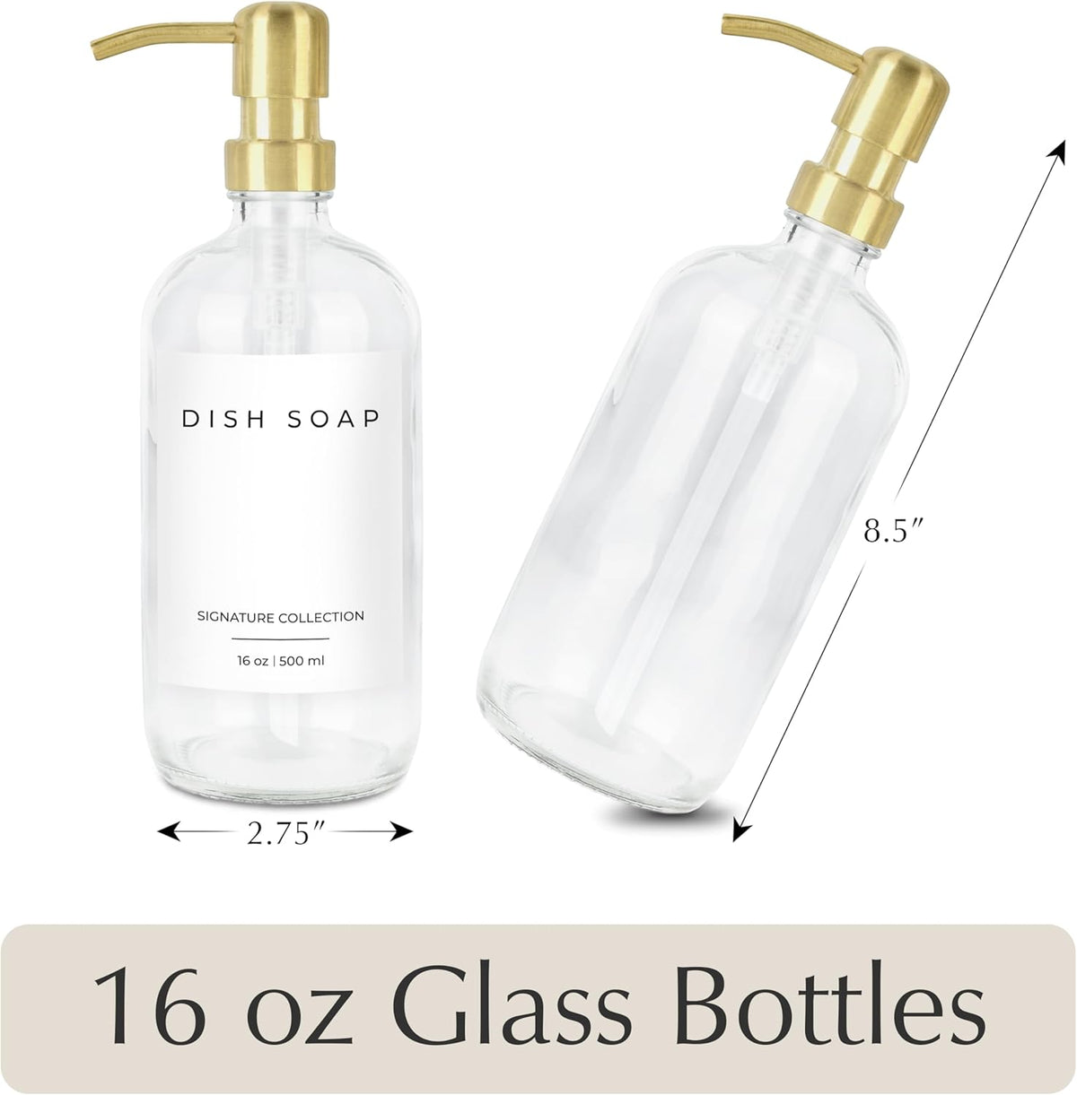 Emerson Soap Dispenser, Dish Soap Dispenser for Kitchen, Bathroom Set, Kitchen Hands and Dishes, Glass Bottles with Pump and Labels, 16 Oz | 2 Pack