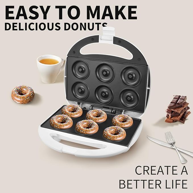 DSP Mini Donut Maker - Non-Stick, Cool Touch Electric Doughnut Machine for Mini Donuts - Perfect for Breakfast, Snacks & Desserts (White, 6 Donuts)