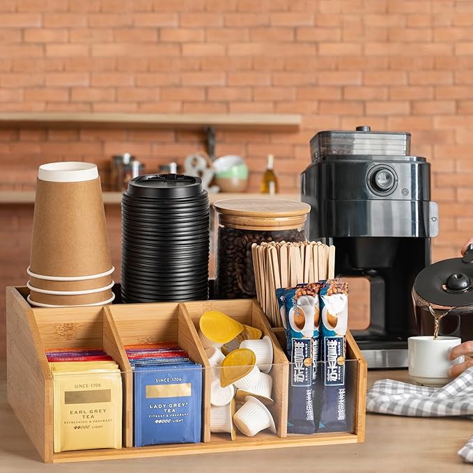 Bamboo Coffee Station Organizer for Countertop, Coffee Bar Accessories Organizer with 6 Compartments for Tea Bags Condiment, Pods, Creamer, Stirrer, Syrup, Cups