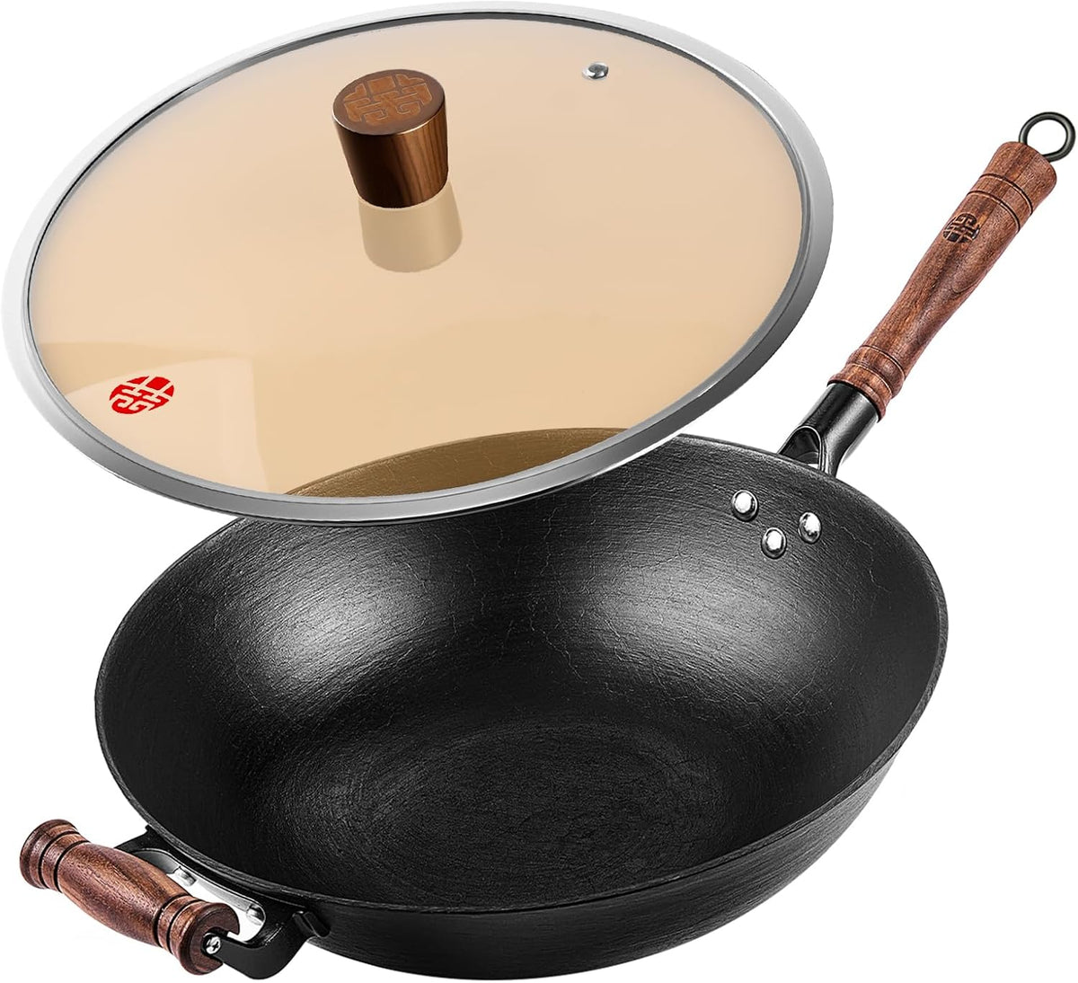 WANGYUANJI 12.6 Inch Cast Iron Wok with Glass Lid – Flat Bottom Stir Fry Pan,Handcrafted Iron Cookware for Induction, Gas & Electric Stoves, Black