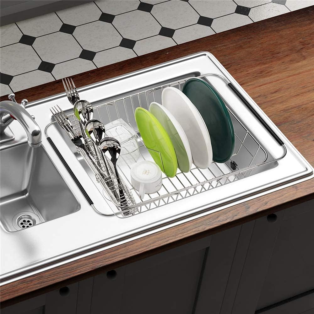 SANNO Expandable Dish Drying Rack,Large Dish Drainer Drainwith 4 Division Utensil Silverware Cutlery Holder, Expandable Dish Rack Shelf Dish Rack in Sink or Over Sink On Counter Stainless Steel