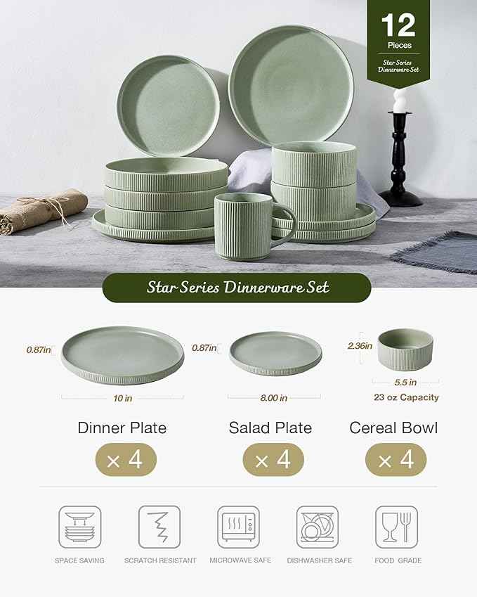 Famiware Star Dinnerware Set, Plates and Bowls Sets for 4 (12pcs), Ribbed Stoneware Dishes - Chip & Scratch Resistant, Microwave & Dishwasher Safe, Matte Sage Green