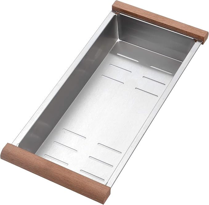 STARSTAR Stainless Steel Colander For Workstation Kitchen Sink (Wood Cover, 17.5/8 W - 8 L)
