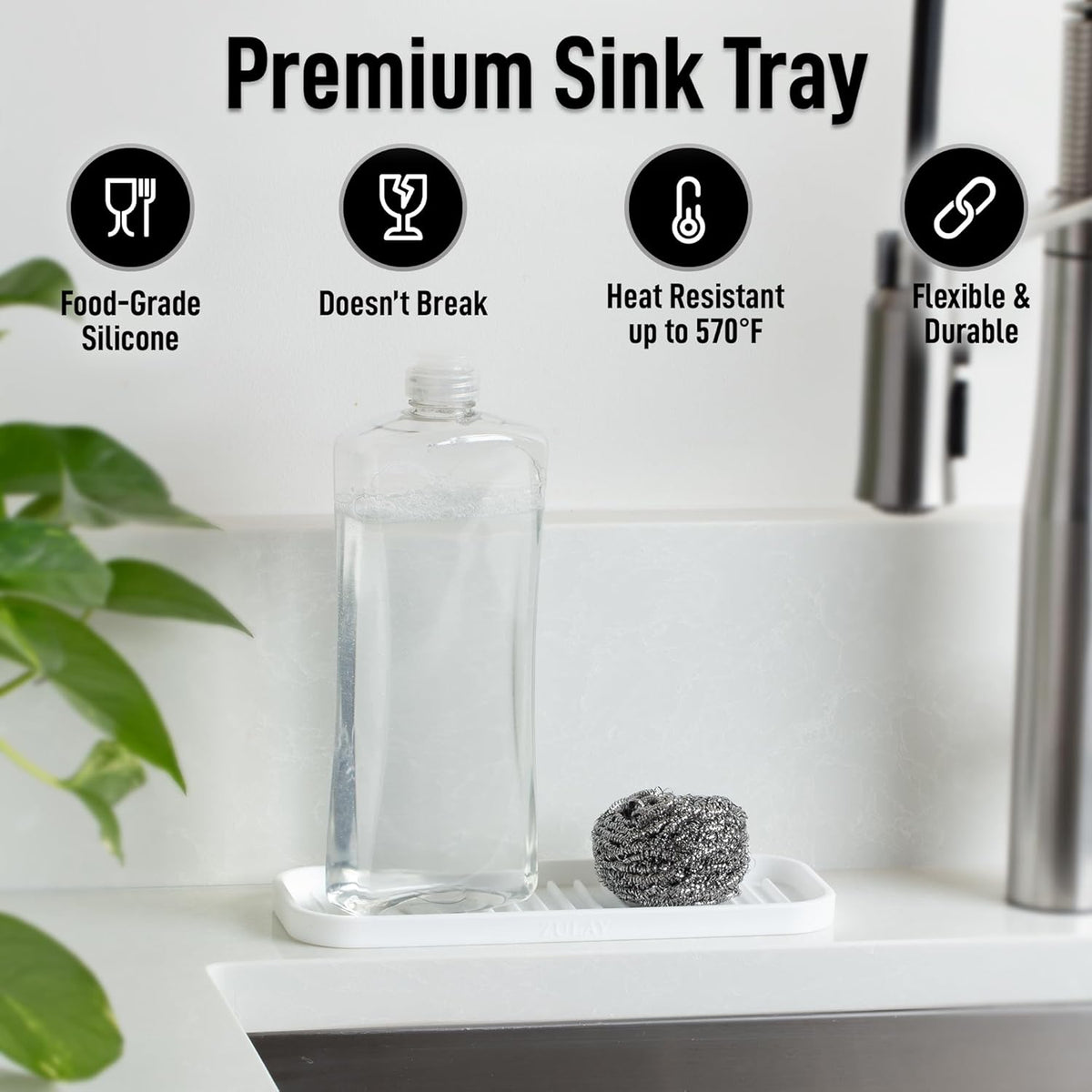 Zulay Kitchen (9x3.5) Silicone Sponge Holder for Kitchen Sink - Flexible Multipurpose Soap Tray - Sink Organizer for Kitchen, Bathroom, Makeup, Trinkets & More (White)