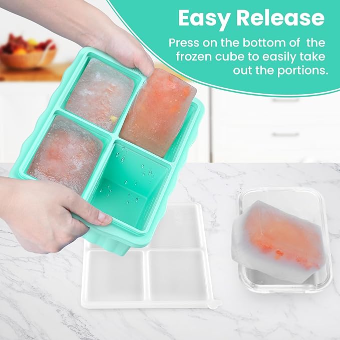 Silicone Freezer Tray With Lid, Silicone Freezing molds, Ice Cube Tray For Food, Release Soup Freezer Molds for freezing food, Soup, and Leftovers-Makes 4 Perfect 1 Cup- 3 Pack.