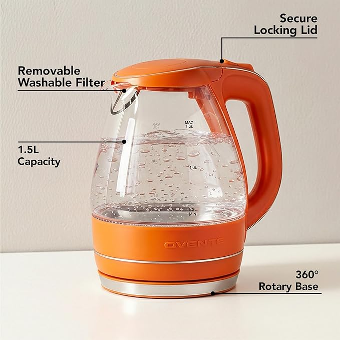 OVENTE Electric Kettle, 1.5L Borosilicate Glass Countertop Water Heater and Boiler for Coffee or Tea, BPA-Free, Auto Shut-Off, Boil-Dry Protection, Removable and Washable Spout Filter, Orange KG83O