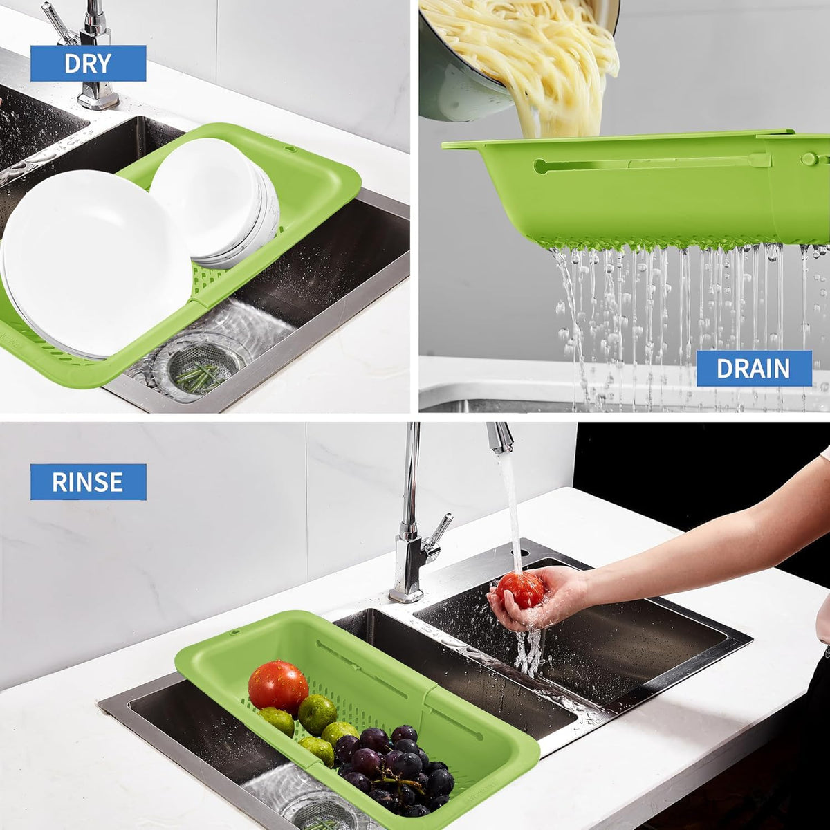 LASSHSWA Collapsible Colander and Strainer for Kitchen, Over the Sink Strainer Basket for Kitchen, Fruit Pasta Food Strainer Expandable Plastic Colander with A Sink Drain Strainer Stainless Steel