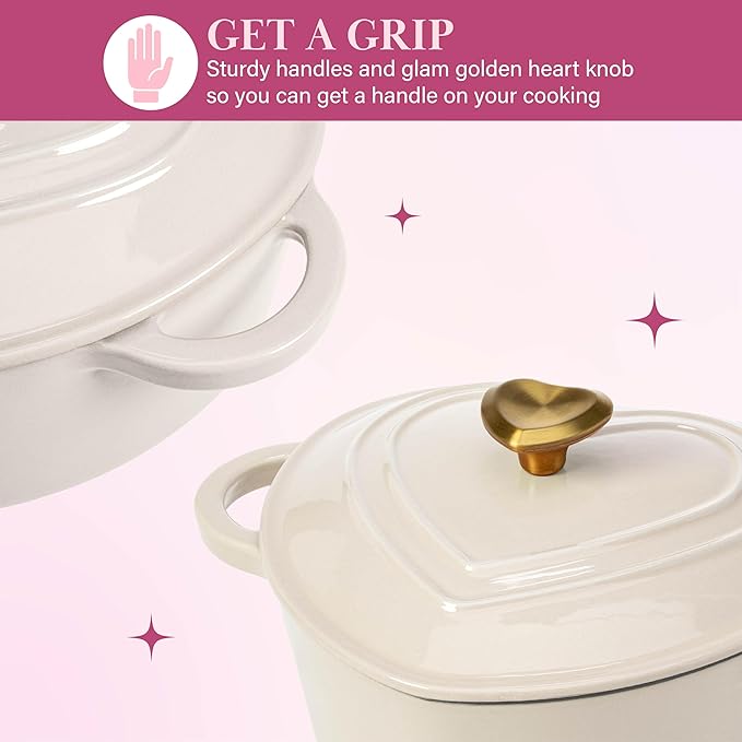 Paris Hilton Enameled Cast Iron Dutch Oven Heart-Shaped Pot with Lid, Dual Handles, Works on All Stovetops, Oven Safe to 500°F, 4-Quart, Cream