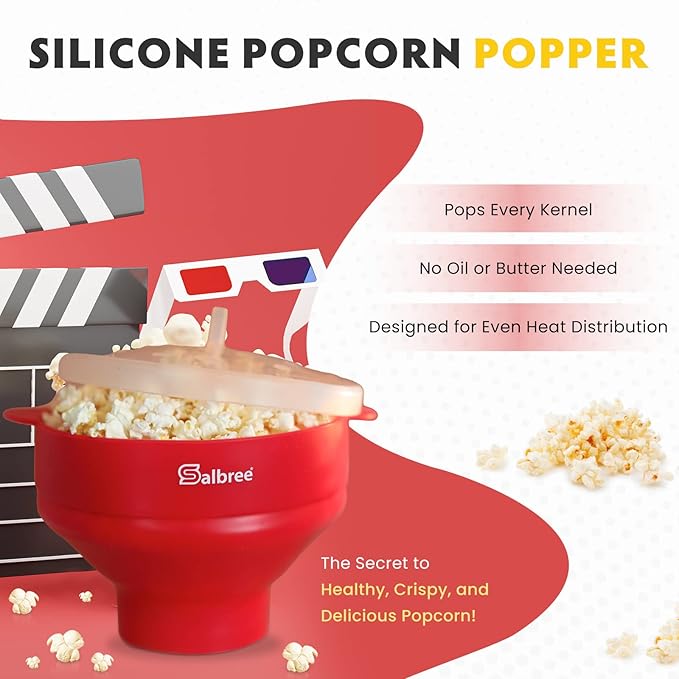 The Original Salbree Collapsible Silicone Microwave Popcorn Popper Maker Machine, Microwavable Bowl Holds 16 Cups, Uses Hot Air and Oil Always Optional - The Most Colors Available (Pink)