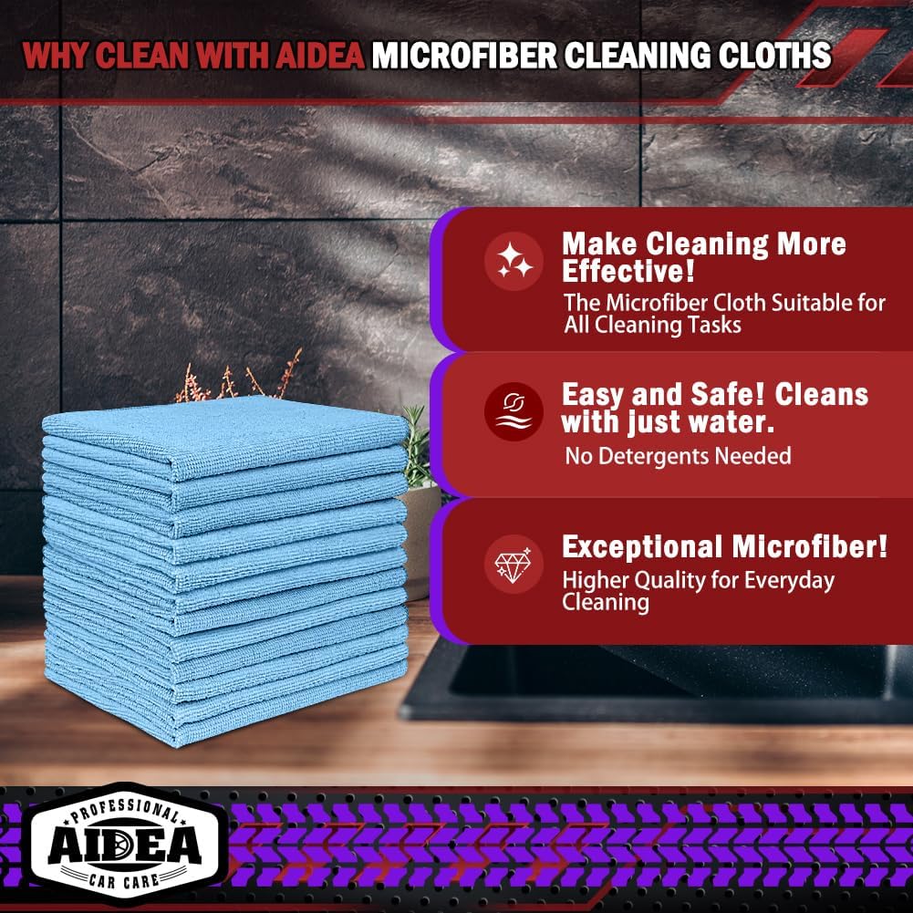 AIDEA Microfiber Cleaning Cloth Blue,150PK, Shop Rags, Microfiber Towels for Cars, Dusting Cloth Lint Free Rags, Absorbent Towels for SUVs, House, Kitchen, Mechanic, Workshops, 12"×12"