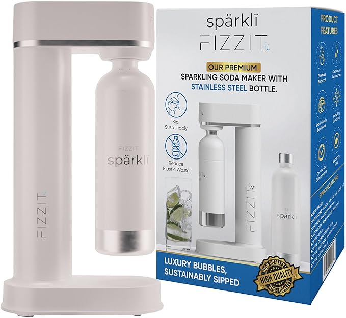 Stainless Steel White Sparkling Water and Soda Maker Machine with 3 White Stainless Steel 1L Re-Usable Bottle