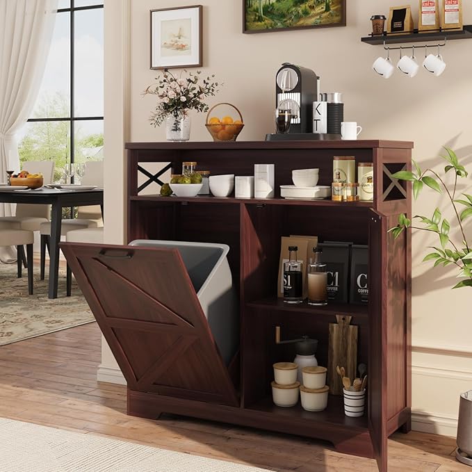 Tilt Out Trash Can Cabinet for 13 * 1 Gallon Trash Can, Farmhouse Kitchen Island Cabinet with Adjustable Shelf for Hidden Laundry Basket, Dog Proof Garbage Can for Dining Living Room, Dark Brown