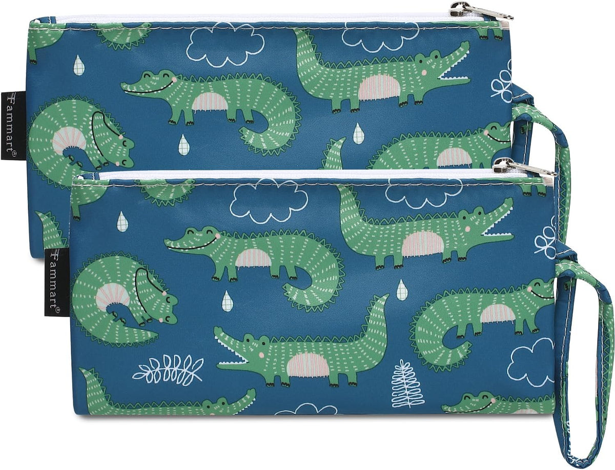 Reusable Sandwich Bag/Snack Bag for Kids & Adults, Dual Layer Lunch Bag with Handle, Washable, Food Safe, BPA Free (2-Pack, Green Crocodile)