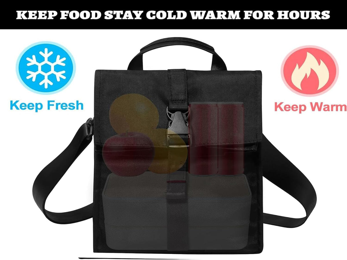 Insulated Foldable Lunch Bag- Lightweight Portable with Adjustable Shoulder Strap Lunch Box for Men, Women, Office, Work, Picnic, Hiking and Beach (Black(Soft Fabric))