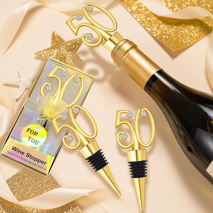 30Pcs 50th Birthday Wine Stopper Party Favors 50th Gold Wedding Favor Wine Bottle Stoppers 50 Birthday Party Souvenirs for Guests Wine Stoppers Gift Box for Wedding Anniversary Decorations (50th)