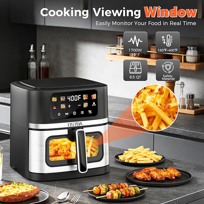 OSTBA 8.5QT Large Air Fryer with Visible Window, 1700W Single Basket Air Fryer, Clear View Nonstick Basket, Digital Touchscreen, 8 Presets, Auto Shutoff, Dishwasher Safe