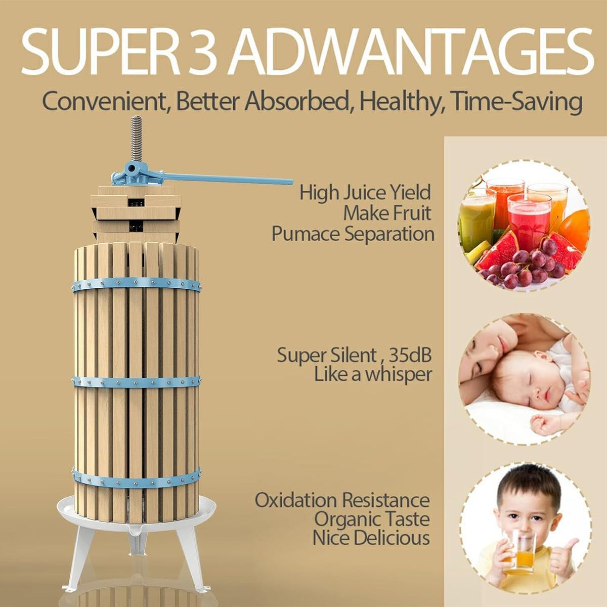 SQUEEZE master XL Fruit Apple Cider Wine Classic Press-Blue-7.9 Gallon/30L-Solid Wood Basket-Vintage traditional juicer-Pole Handle Bar for Juice,Wine,Cider-1 free filter bag included
