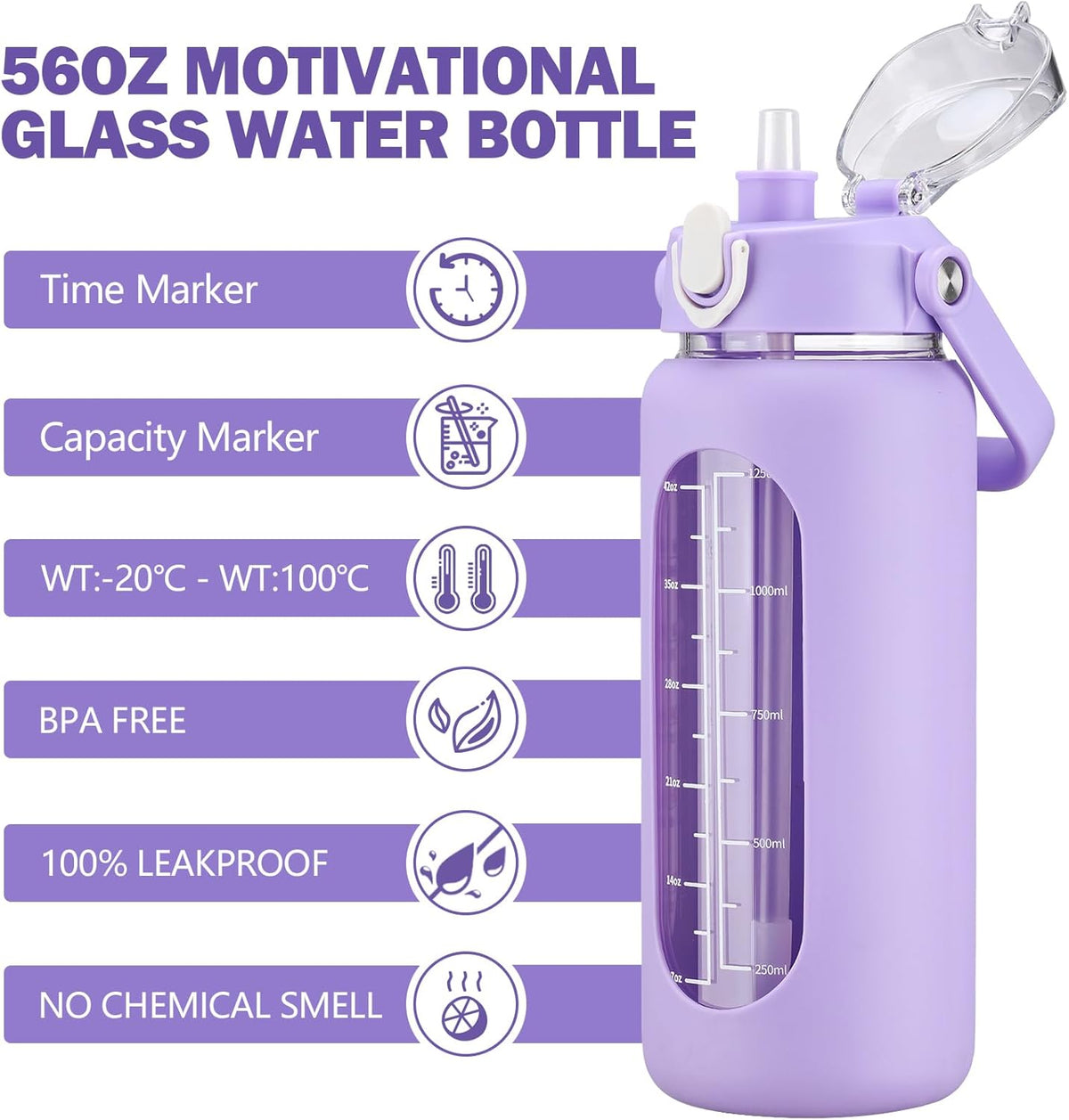 kytffu 56oz Glass Water Bottles with Straw, Motivational Glass Bottle with Silicone Sleeve and Time Marker, Leakproof Large Glass Water Jug for Gym Home Office,Purple