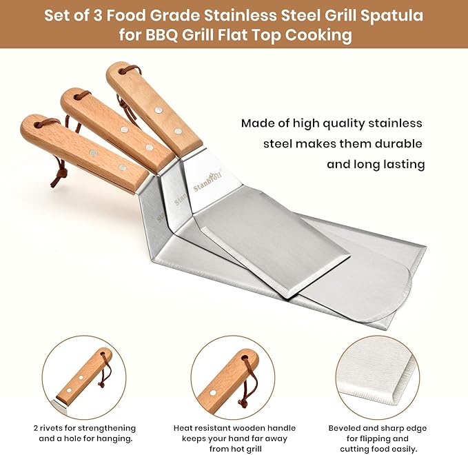 Stanbroil Stainless Steel Spatula Set Tools for Blackstone and Camp Chef Griddle, Metal Long Spatula and Hamburger Turner for Griddle Flat Top BBQ Grill, Set of 3