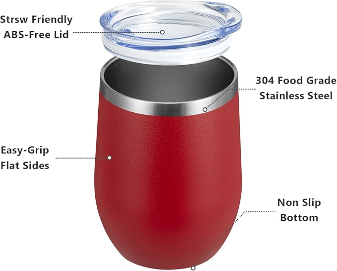 MEWAY 12oz Wine Tumbler 16 Pack Bulk Gifts for Women,Double Wall Vacuum Stainless Steel Travel Mug with Lid,Insulated Stemless Wine Cup Glass for Coffee,Cocktails,Drinks(Red,Set of 16)